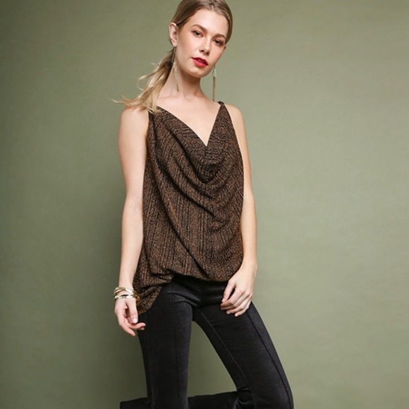 Umgee Tops - Lurex Cowl Neck Tank Top by Umgee - Copper Brown